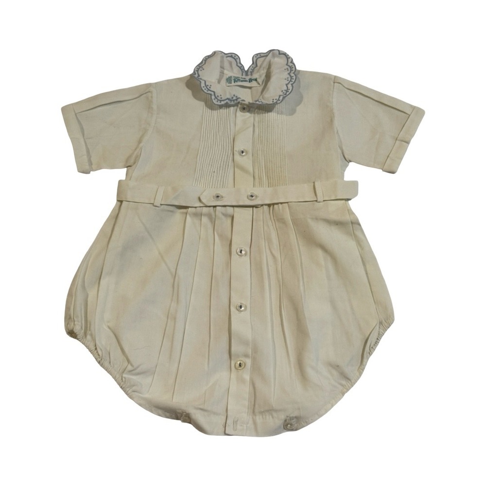 Feltman Brothers Vintage White Blue Hand Embroidered Pintuck Bubble Romper